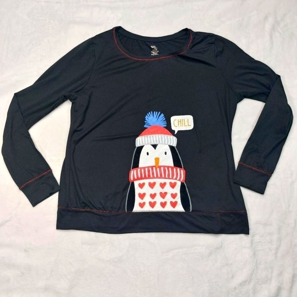 SECRET TREASURES WOMEN'S BLACK HOLIDAY WINTER PENGUIN LONG SLEEVE T-SHIRT SIZE M